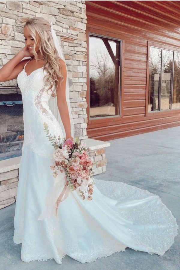 Mermaid Wedding Dress with Appliques Lace and Sexy Spaghetti-Straps V-neck-Wedding Dresses-BallBride