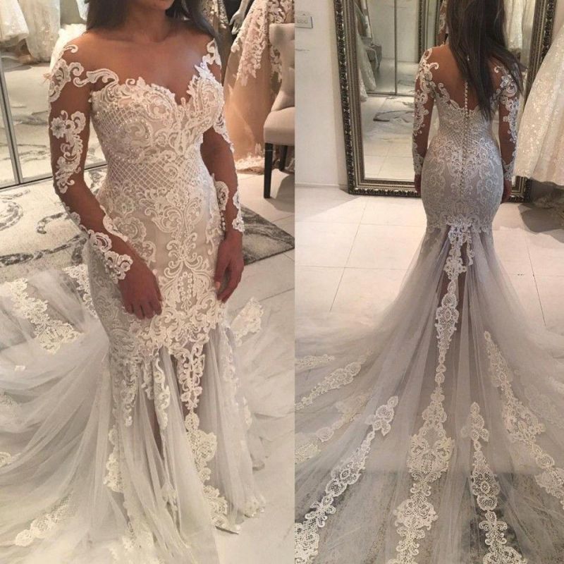 Mermaid Wedding Dress with Lace Appliques and Off-the-Shoulder Beads Long Sleeves-Wedding Dresses-BallBride