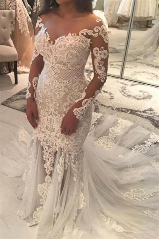 Mermaid Wedding Dress with Lace Appliques and Off-the-Shoulder Beads Long Sleeves-Wedding Dresses-BallBride