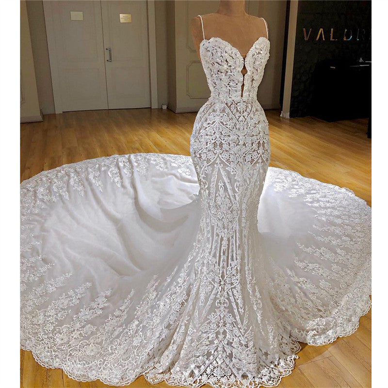 Mermaid Wedding Dress with Lace Appliques - Charming Spaghetti-Straps-Wedding Dresses-BallBride