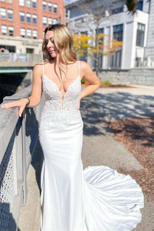 Mermaid Wedding Dress with Spaghetti-Straps Appliques-Wedding Dresses-BallBride