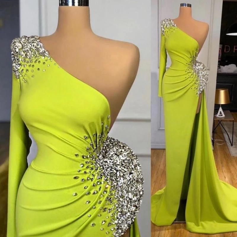 Mermaid Yellow Green Long Sleeves Prom Dress with Beads for a Splendid Look-BallBride