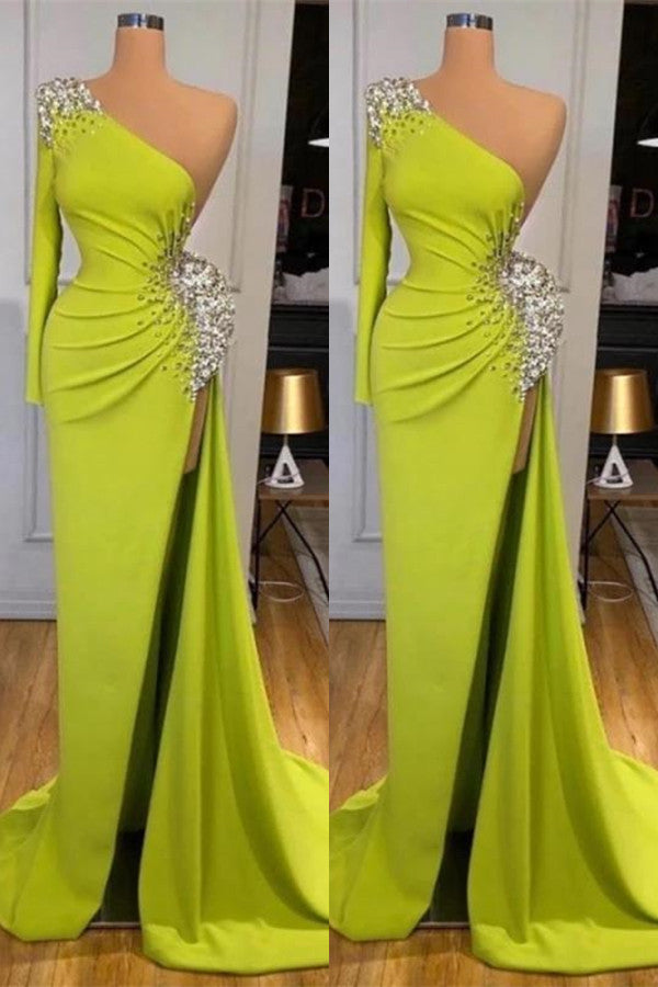 Mermaid Yellow Green Long Sleeves Prom Dress with Beads for a Splendid Look-BallBride