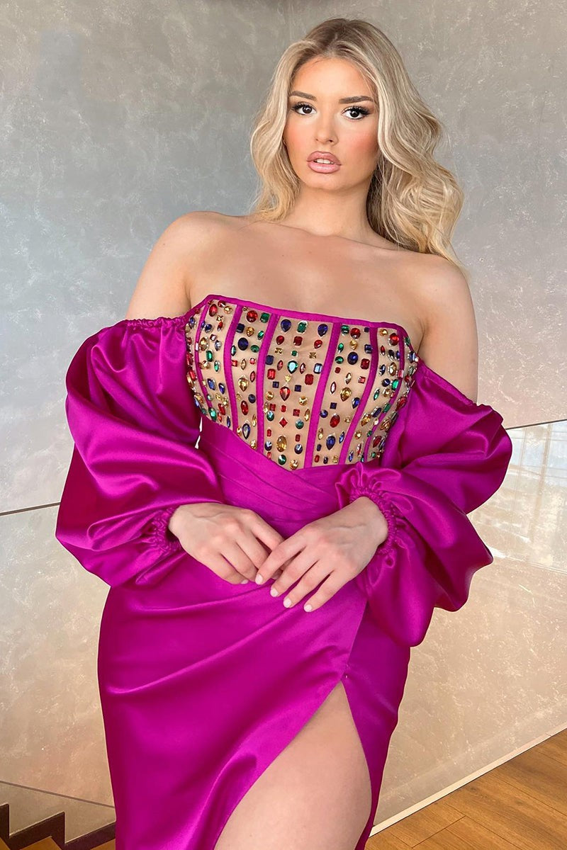 Mesmerizing Hot Pink Long Sleeve Mermaid Prom Dress with Off-the-Shoulder Split and Crystals-Occasion Dress-BallBride