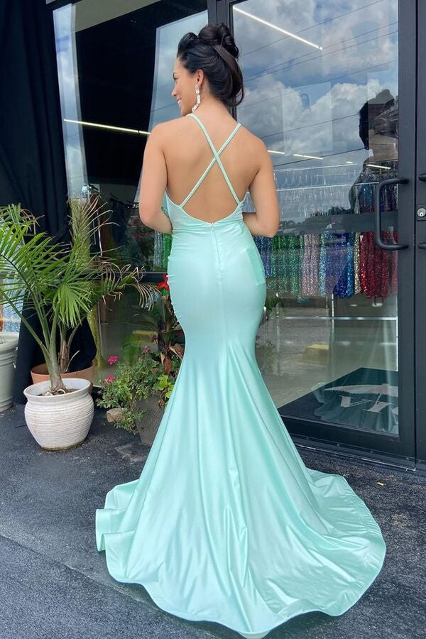 Mint Green V-Neck Mermaid Prom Dress - Sleeveless Split Long-Occasion Dress-BallBride