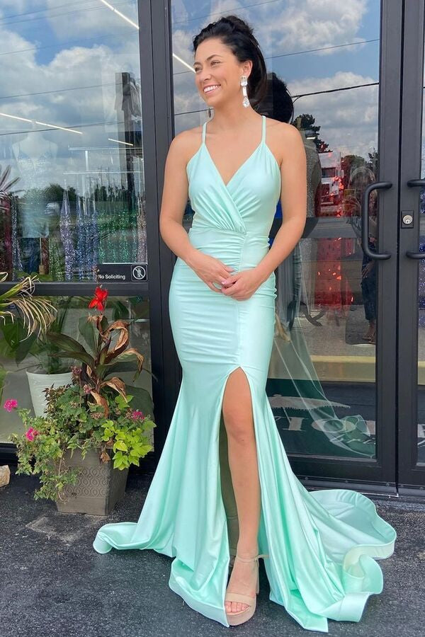 Mint Green V-Neck Mermaid Prom Dress - Sleeveless Split Long-Occasion Dress-BallBride