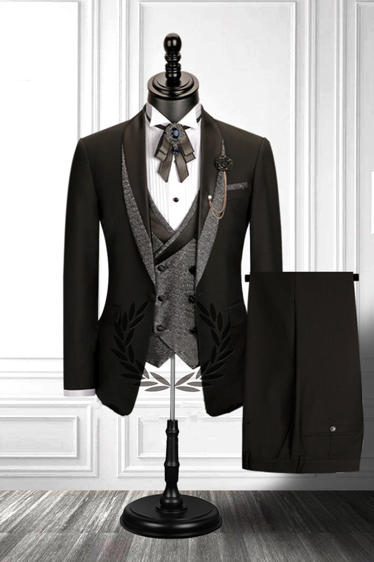 Modern 3 Piece Men's Suit with Stitched Shawl Lapel and Double Breasted Waistcoat ¡§C Black-Wedding Suits-BallBride