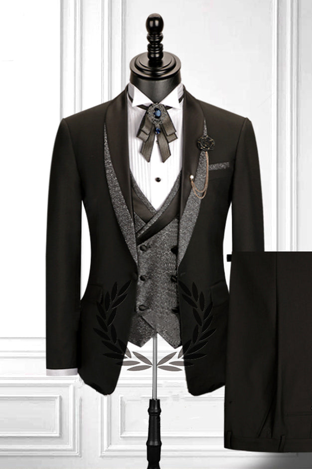Modern 3 Piece Men's Suit with Stitched Shawl Lapel and Double Breasted Waistcoat ¡§C Black-Wedding Suits-BallBride