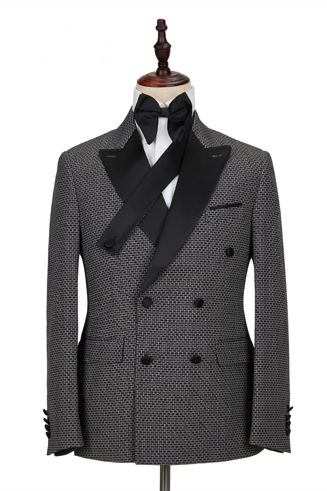 Modern Black-and-Gray Cruciform Satin Peak Lapel Double Breasted Men's Formal Suit-Wedding Suits-BallBride