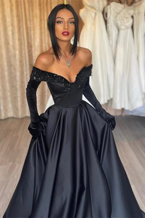 Modern Black Off-the-Shoulder Evening Gownses Long Sleeves WIth Sequins-BallBride