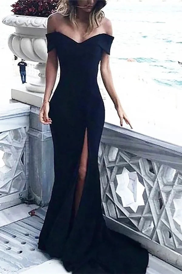 Modern Black Off-the-Shoulder Split Evening Dress Mermaid-BallBride