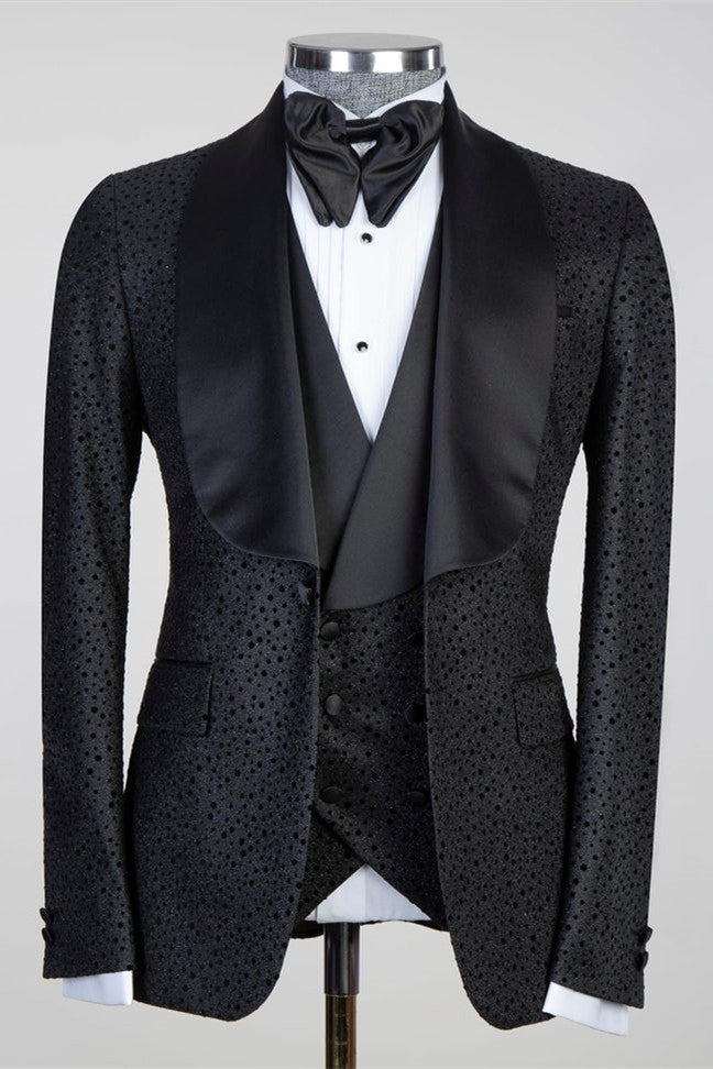 Modern Black Three Pieces Shawl Lapel Men Suits for Wedding by Duane-Wedding Suits-BallBride