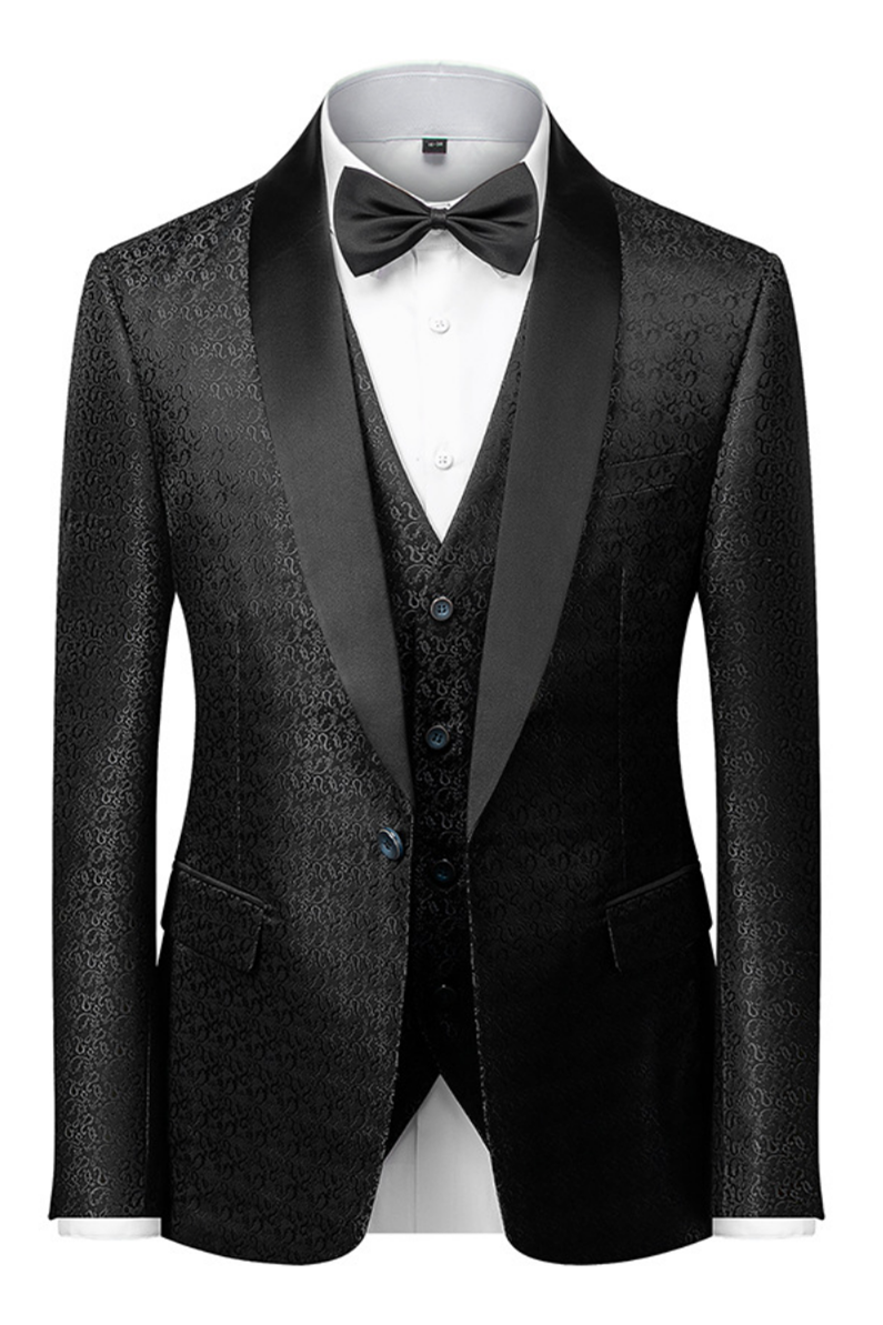 Modern Black Tuxedo Floral Jacquard Wedding Suit With One Button