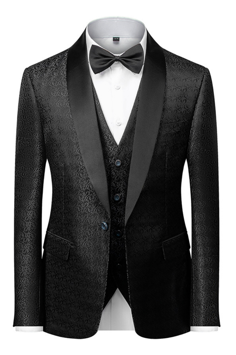 Modern Black Tuxedo Floral Jacquard Wedding Suit With One Button-Wedding Suits-BallBride