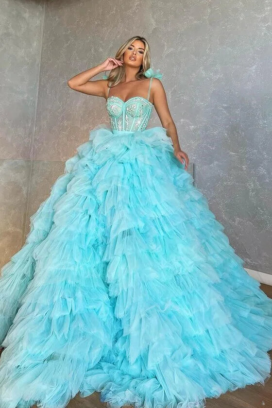 Modern Blue Spaghetti-Straps Ball Gown Evening Dress Tulle Layered Sweetheart With Appliques-BallBride