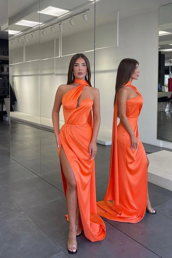 Modern Bright Orange Sleeveless Mermaid Evening Dress Long Side Slit-BallBride