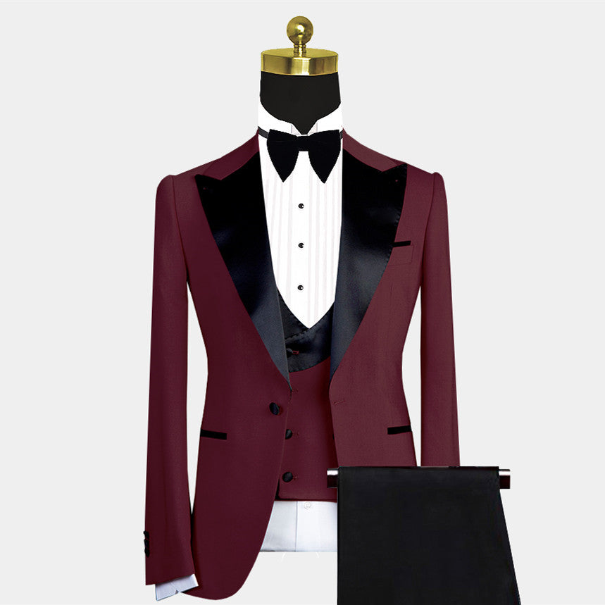 Modern Burgundy Slim Fit Wedding Suit For Men With Black Lapel-Wedding Suits-BallBride