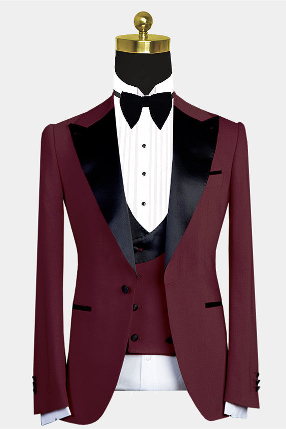 Modern Burgundy Slim Fit Wedding Suit For Men With Black Lapel-Wedding Suits-BallBride