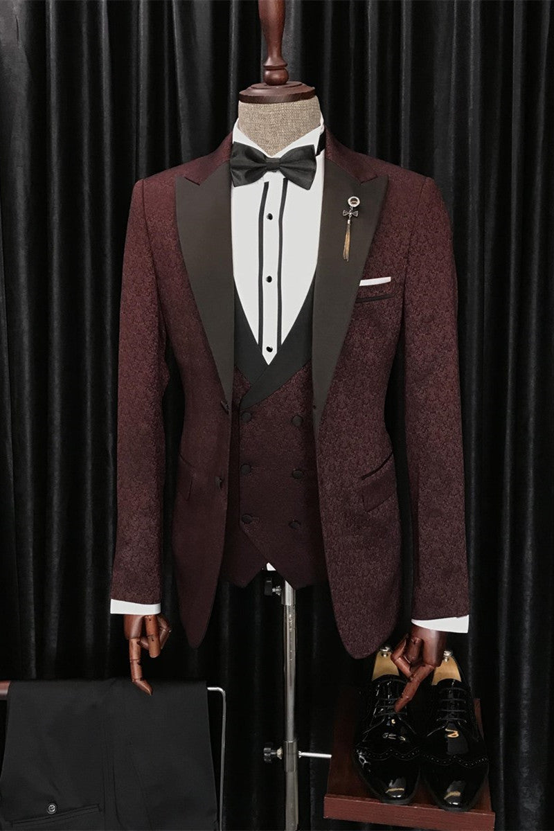 Modern Burgundy Three Pieces Jacquard Peaked Lapel Suit for Wedding by Barry-Wedding Suits-BallBride