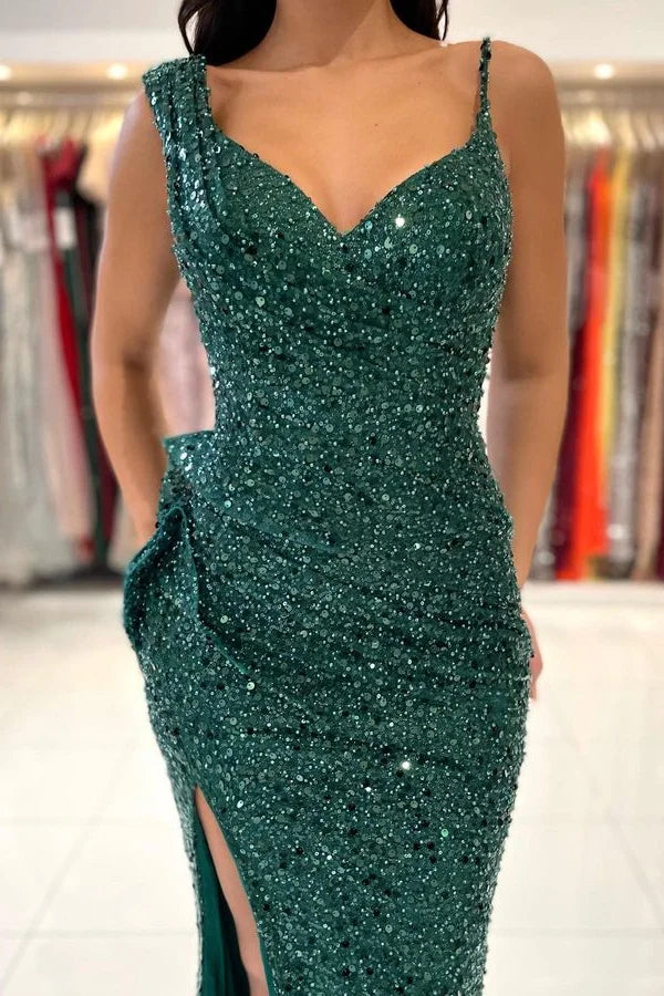 Modern Dark Green Sequins Evening Gowns Mermaid Slit Sleeveless WIth Beads-BallBride