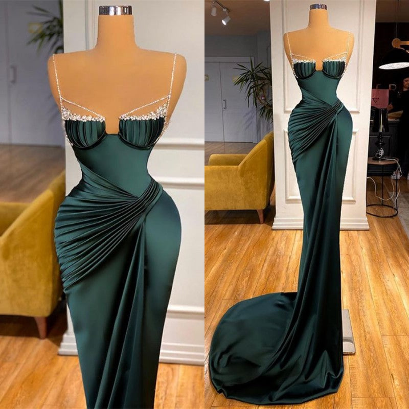 Modern Dark Green Spaghetti-Straps Mermaid Prom Dress Long-Occasion Dress-BallBride