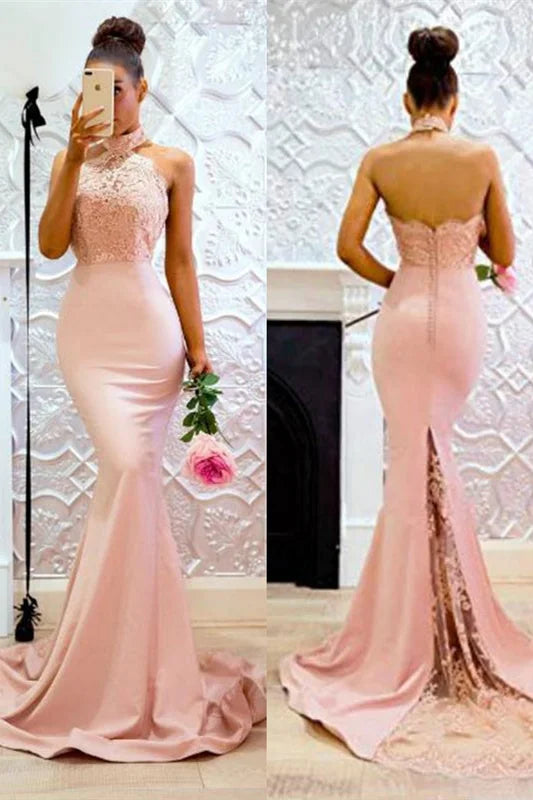 Modern High Neck Lace Evening Dress Mermaid Backless-BallBride