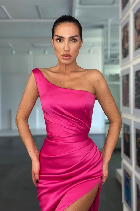 Modern Hot Pink One Shoulder Mermaid Evening Gown with Slit & Pleats-Occasion Dress-BallBride