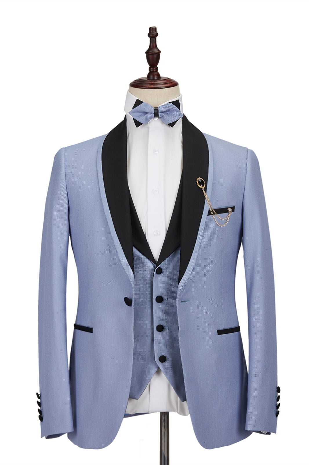 Modern Light Blue Stitching Black Shawl Lapel One Button Men's Formal Suit For Wedding Prom-Wedding Suits-BallBride