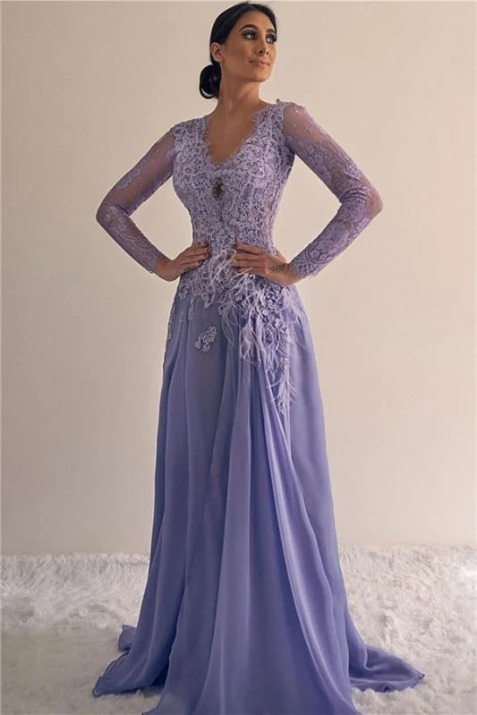 Modern Long Sleeves Long Evening Dress With Lace Appliques Chiffon Party Gowns-BallBride