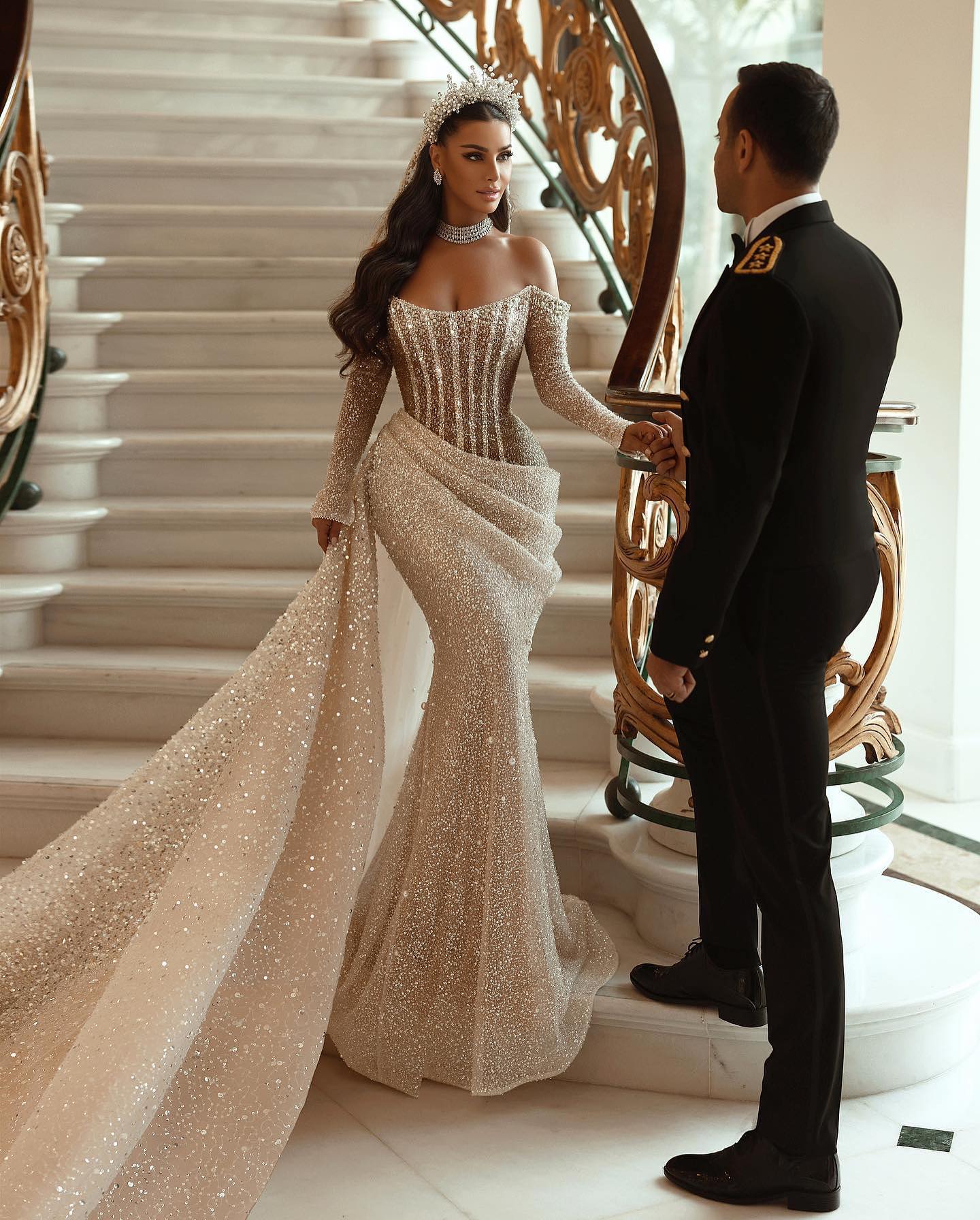 Modern Long Sleeves Mermaid Wedding Dress With Ruffles and Sequins Pleats-Wedding Dresses-BallBride