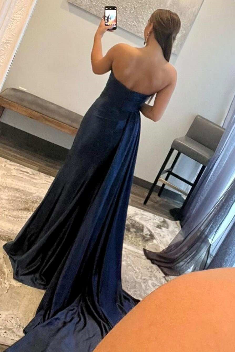 Modern Navy Blue Sweetheart Mermaid Prom Dress With Split Appliques and Pleats-Occasion Dress-BallBride