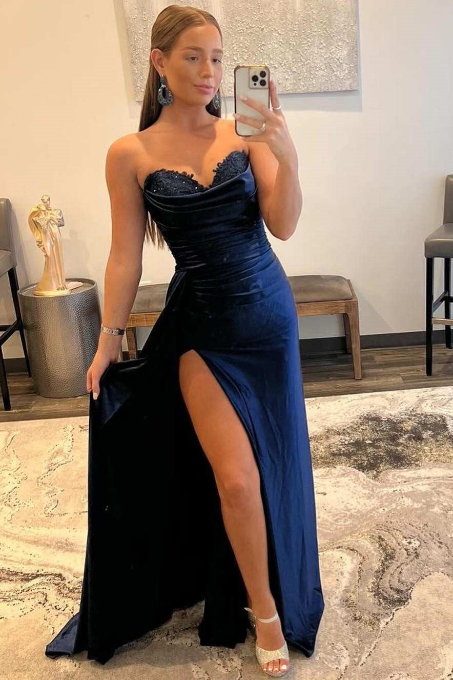 Modern Navy Blue Sweetheart Mermaid Prom Dress With Split Appliques and Pleats-Occasion Dress-BallBride