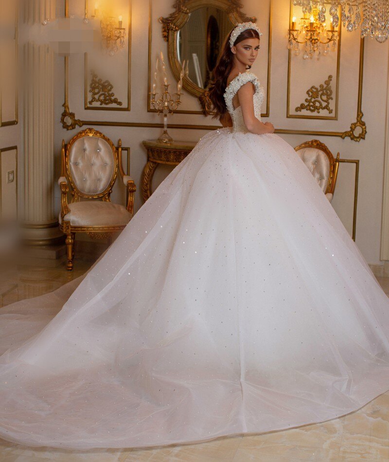 Modern Off-the-Shoulder Beading Wedding Dress with Pearls Tulle-Wedding Dresses-BallBride