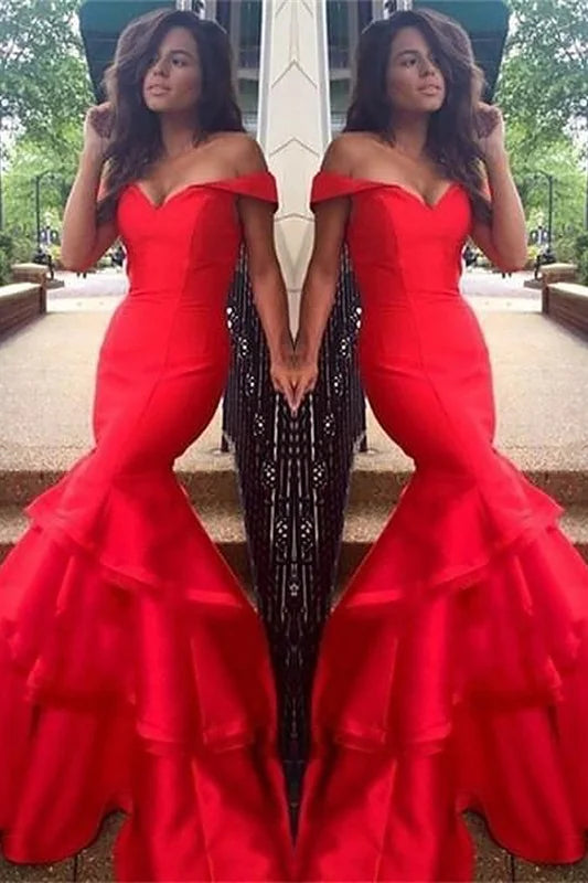 Modern Off-the-Shoulder Red Mermaid Evening Dress Ruffles-BallBride