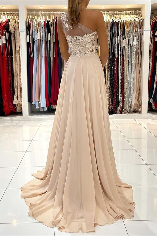 Modern One-Shoulder Lace Appliques Prom Dress with Slit in Chiffon-Occasion Dress-BallBride