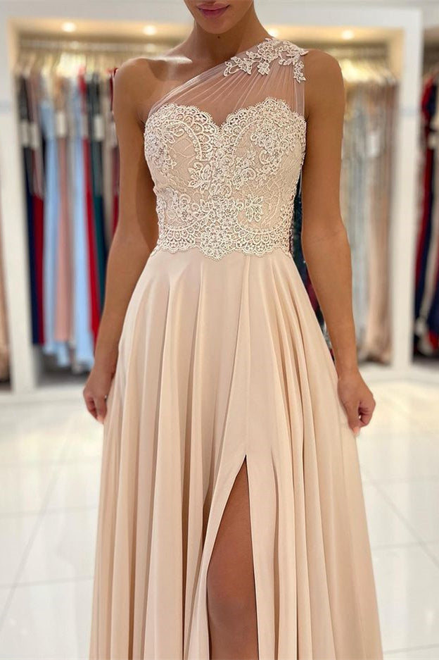 Modern One-Shoulder Lace Appliques Prom Dress with Slit in Chiffon-Occasion Dress-BallBride