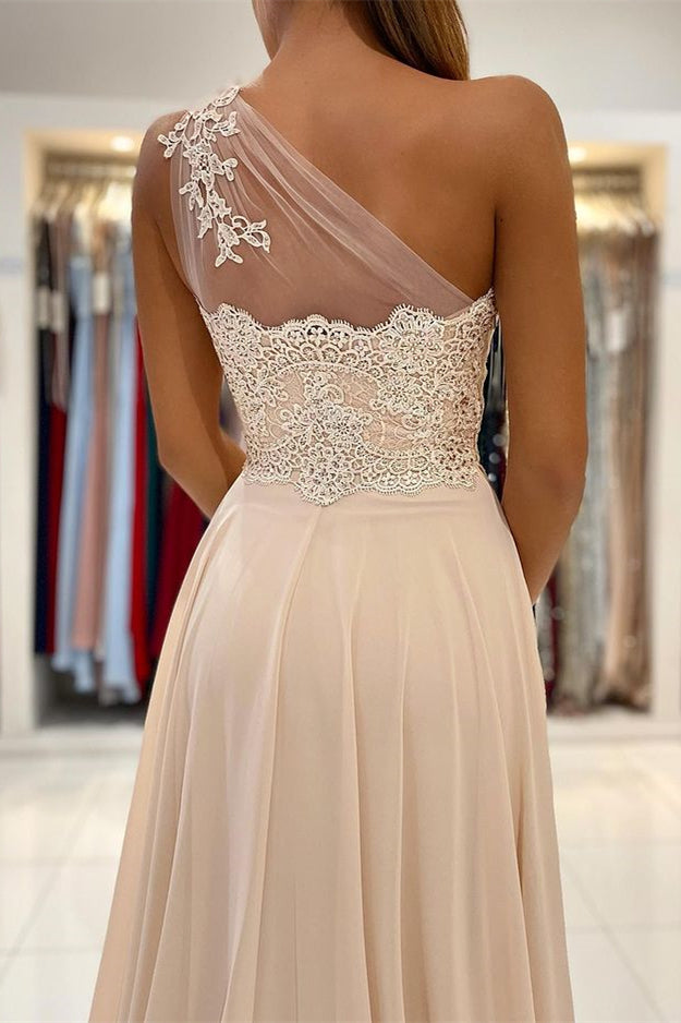 Modern One-Shoulder Lace Appliques Prom Dress with Slit in Chiffon-Occasion Dress-BallBride