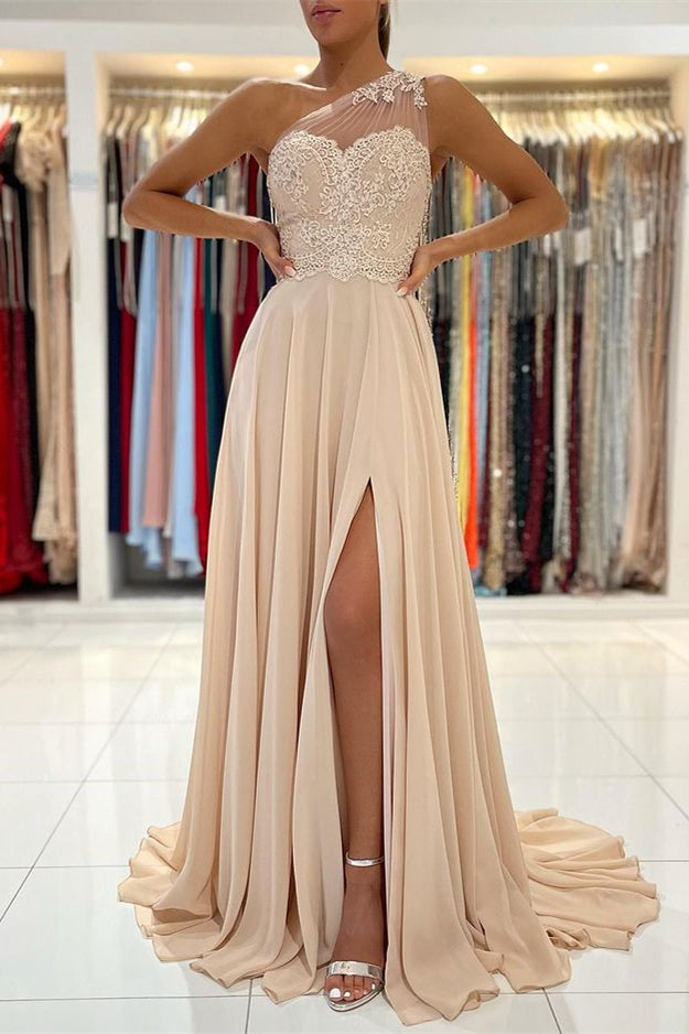 Modern One-Shoulder Lace Appliques Prom Dress with Slit in Chiffon-Occasion Dress-BallBride