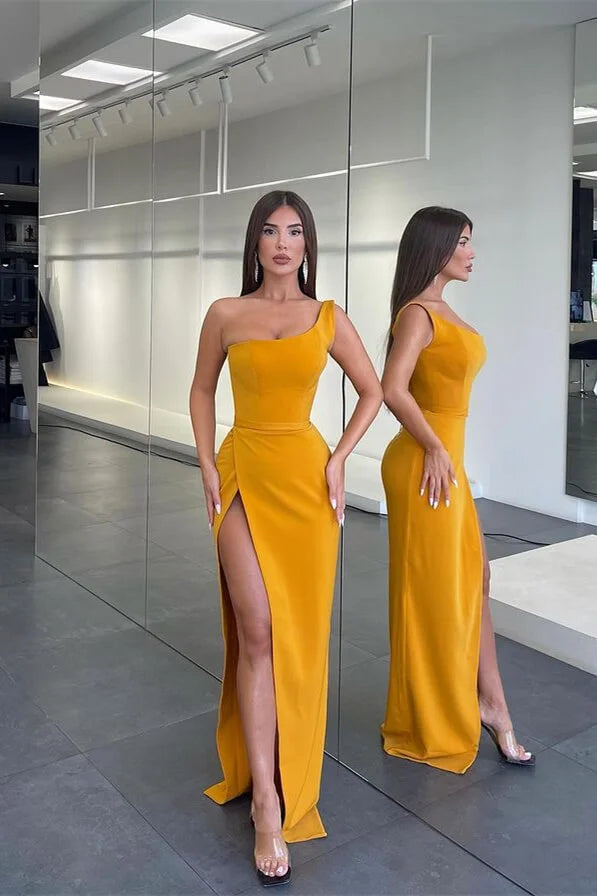 Modern One Shoulder Yellow Evening Dress Mermaid With High Split-BallBride