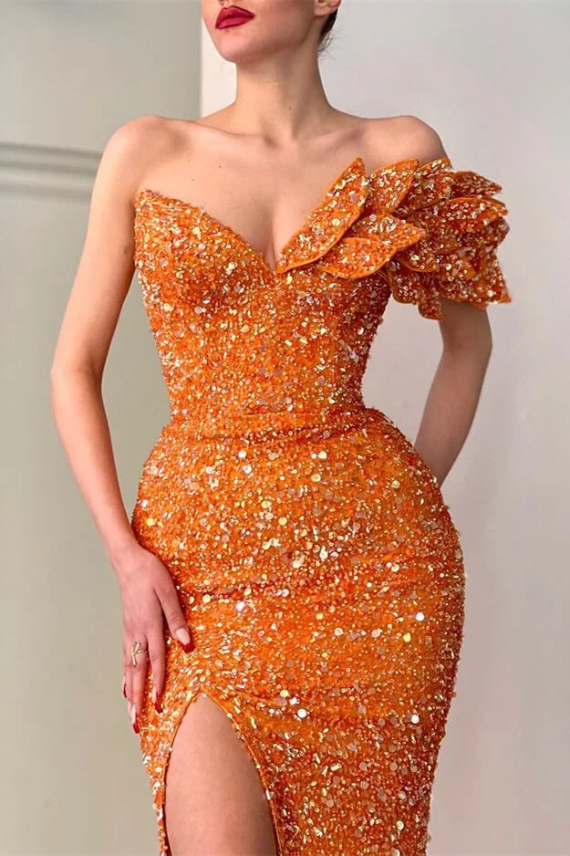 Modern Orange Off-the-Shoulder Mermaid Evening Dress Sequins With Slit-BallBride