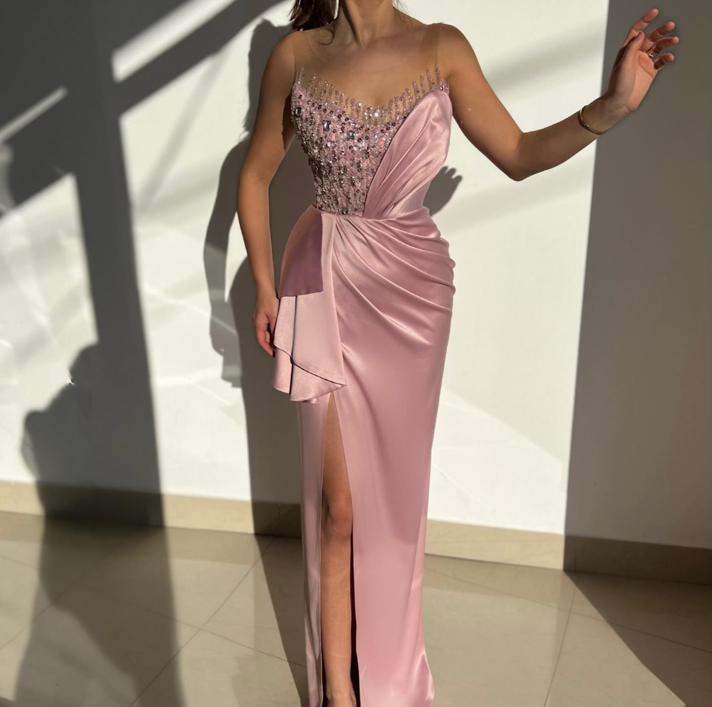 Modern Pink Beaded Mermaid Prom Dress With Split Sleeveless Scoop-Occasion Dress-BallBride