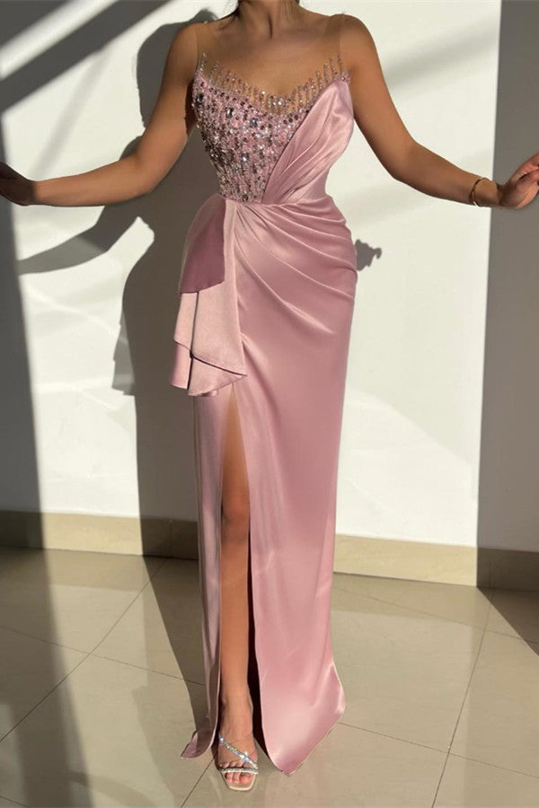 Modern Pink Beaded Mermaid Prom Dress With Split Sleeveless Scoop-Occasion Dress-BallBride