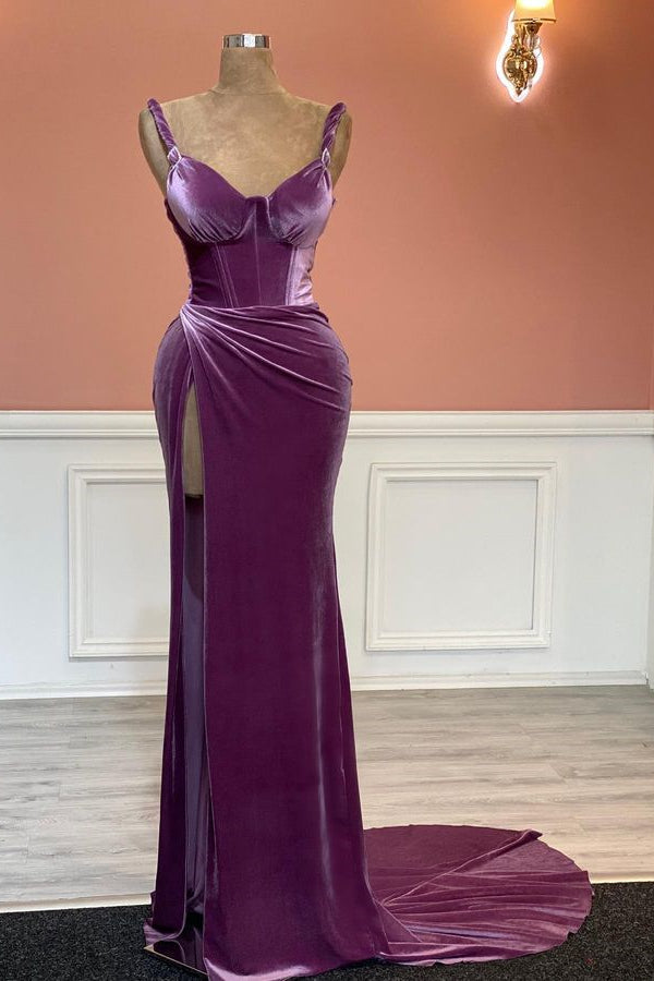 Modern Purple Sweetheart Mermaid Velvet Prom Dress with Split-Occasion Dress-BallBride