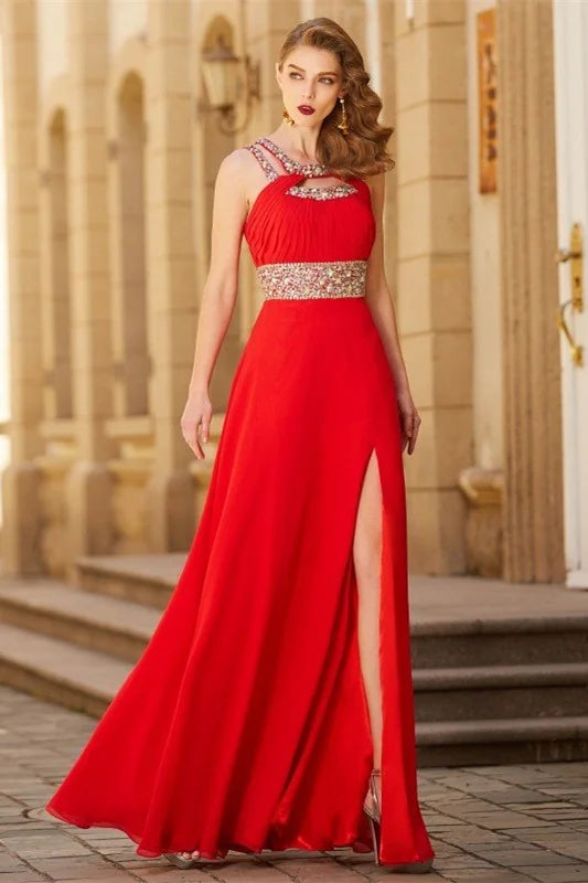 Modern Red Halter Evening Dress Split With Crystals-BallBride