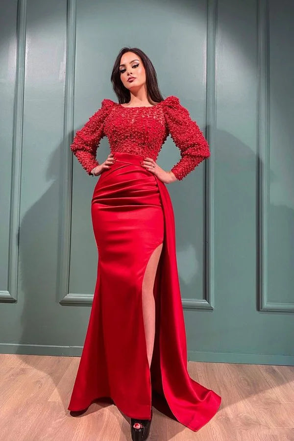 Modern Red Long Sleeves Mermaid Evening Party Gowns Split Long Ruffles With pearls-BallBride