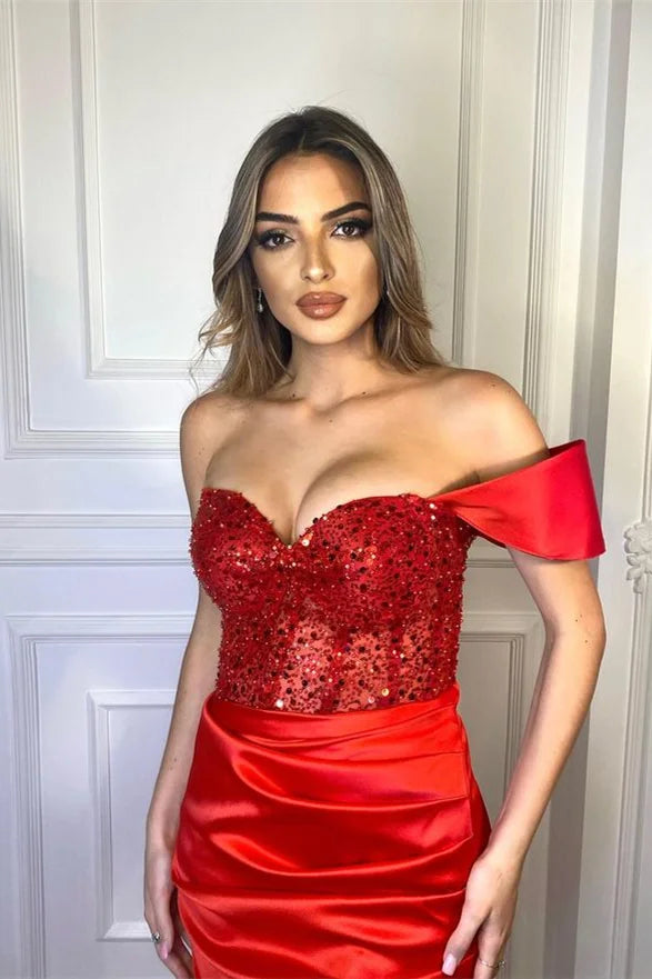 Modern Red Off-the-Shoulder Evening Gowns Mermaid Slit With Sequins Beads-BallBride