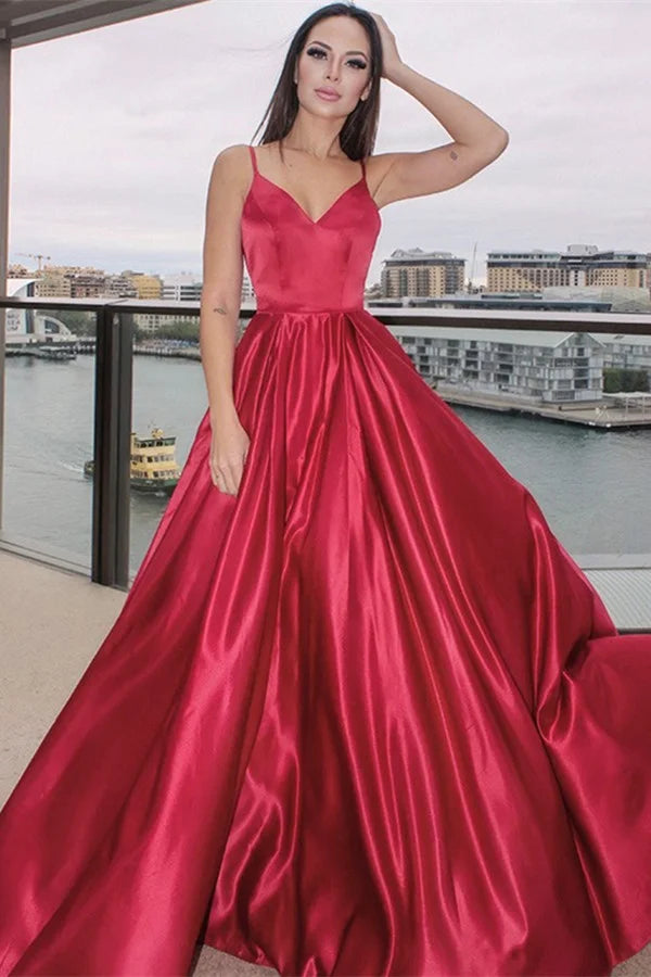 Modern Red Spaghetti-Straps Evening Dress Zipper Back-BallBride