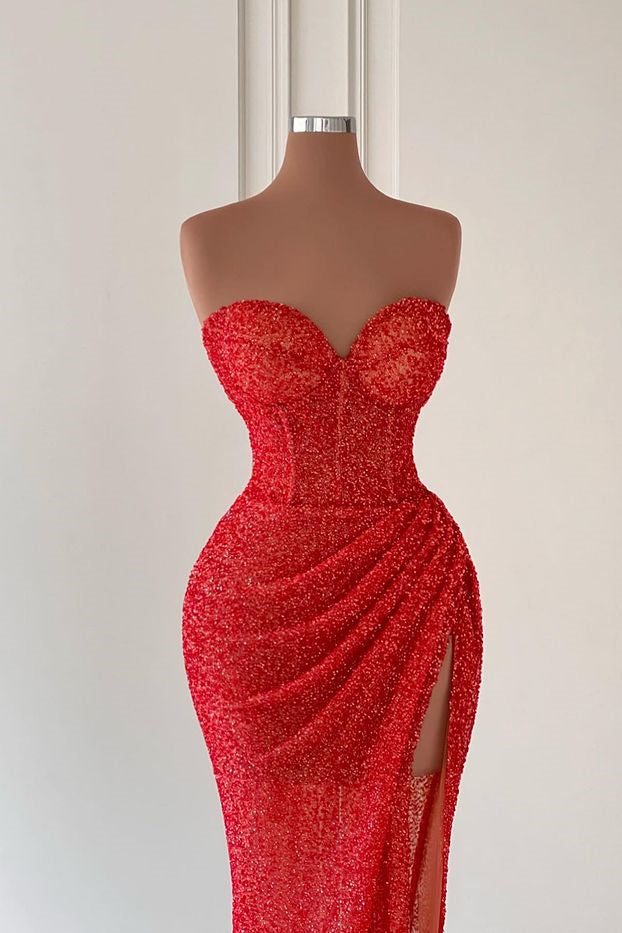 Modern Red Sweetheart Mermaid Prom Dress with Slit and Sequins-Occasion Dress-BallBride