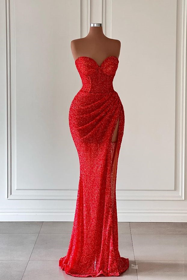 Modern Red Sweetheart Mermaid Prom Dress with Slit and Sequins-Occasion Dress-BallBride
