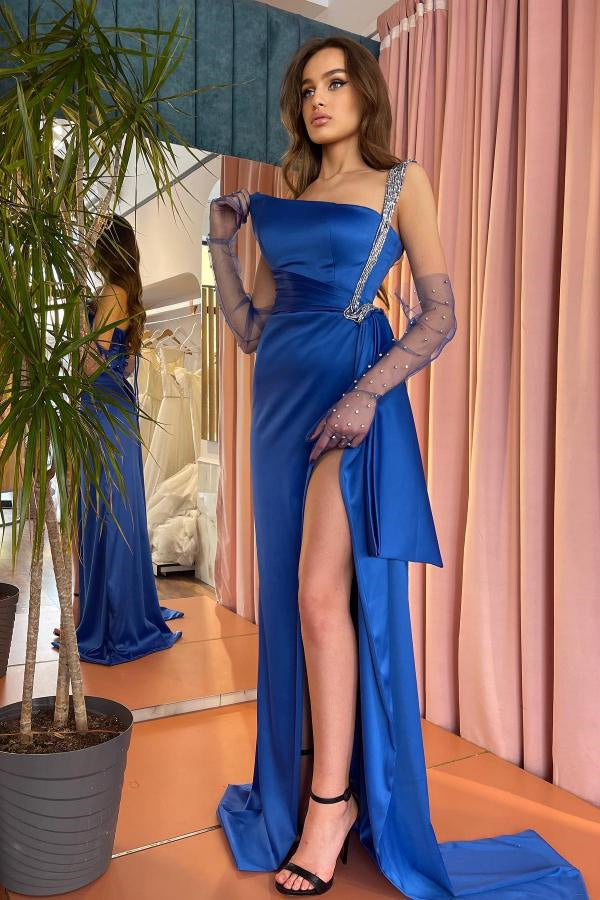 Modern Royal Blue One Shoulder Mermaid Evening Gown with High Split-Occasion Dress-BallBride